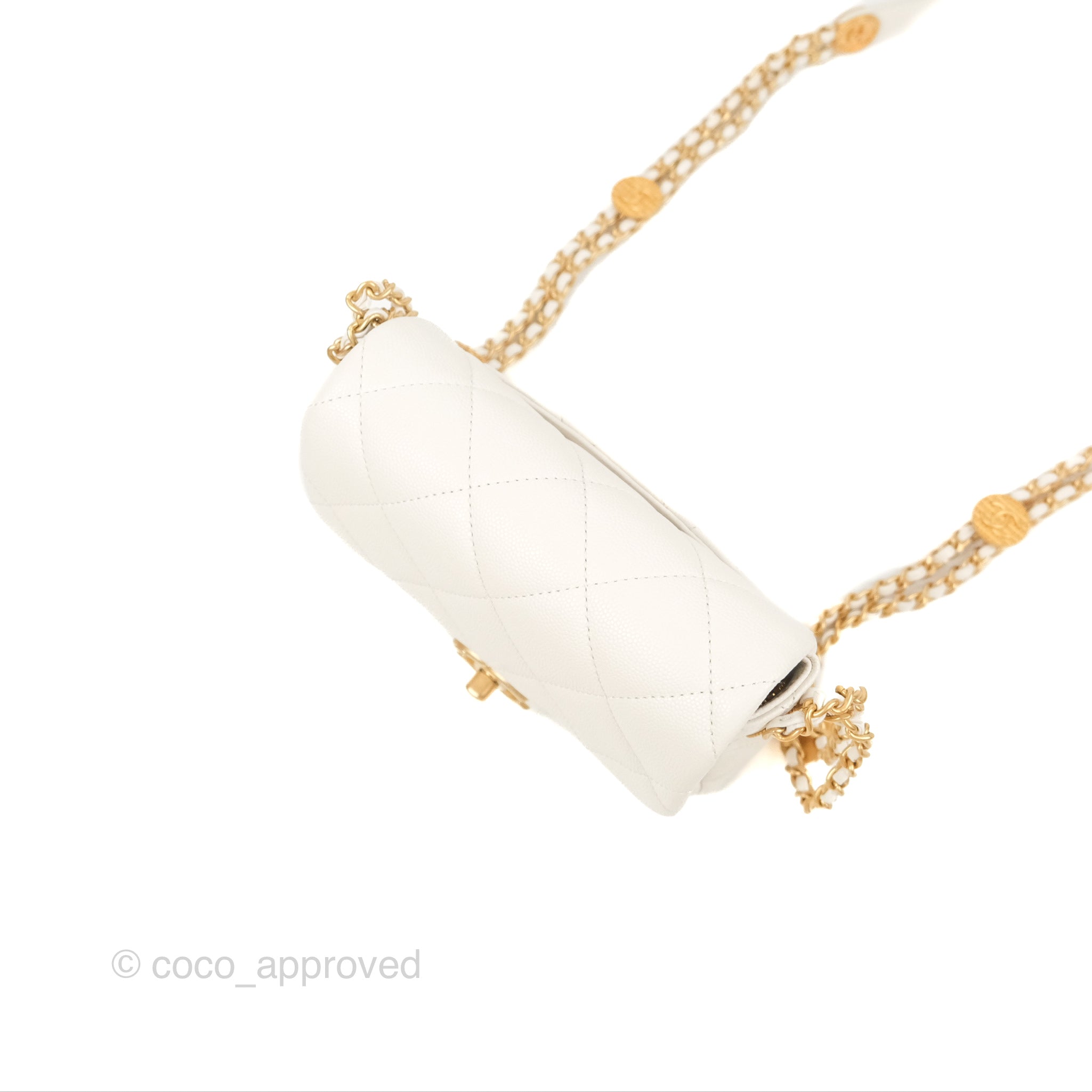 Chanel Mini Flap Bag Coin Charm Soul Chain White Caviar Aged Gold Hard –  Coco Approved Studio