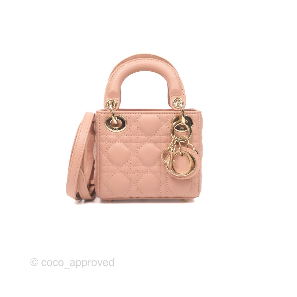 Christian Dior Micro Lady Dior Cannage Rose Des Vents Cannage Lambskin Gold Hardware