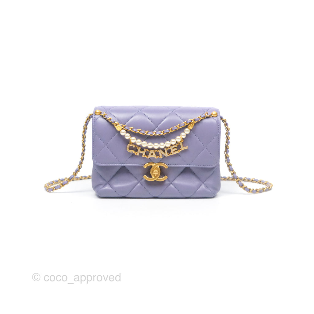 Chanel Crystal Pearl Chain Mini Flap Bag Purple Lambskin Aged Gold Hardware