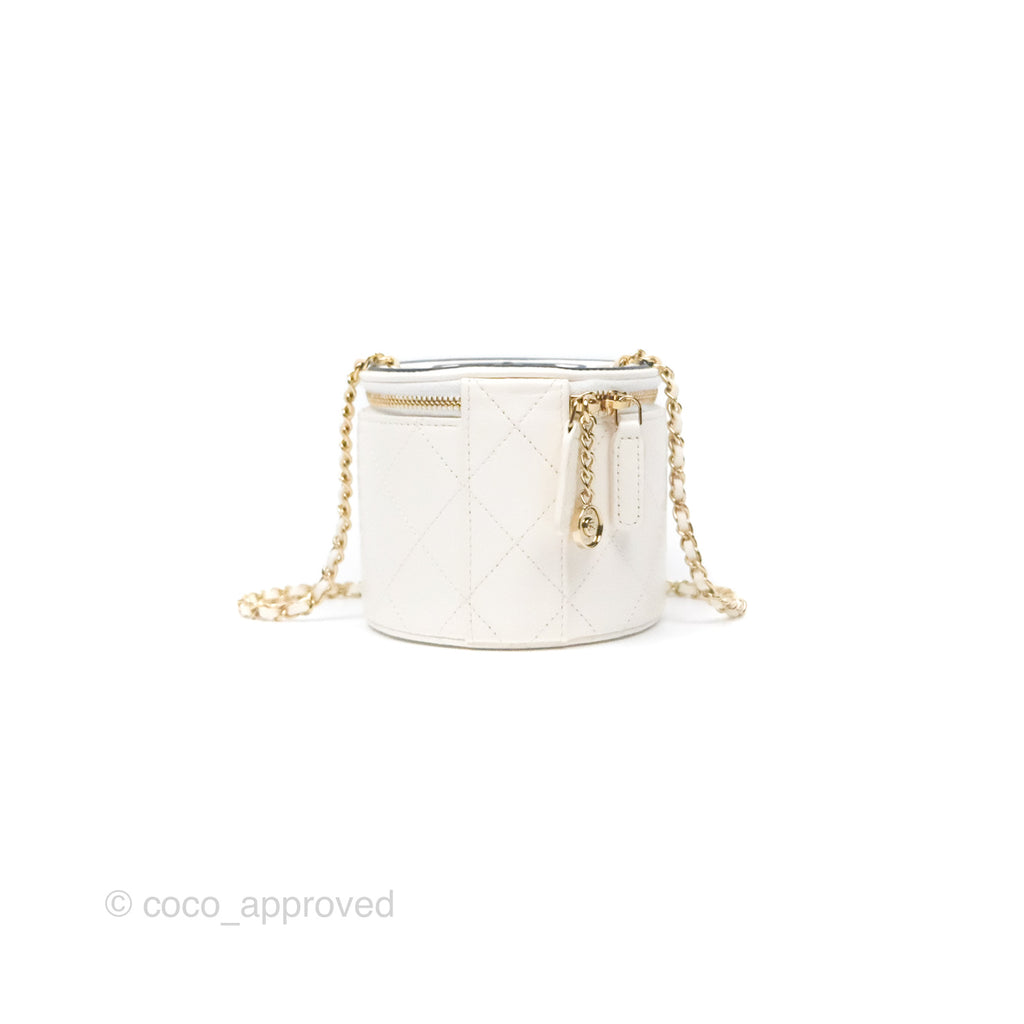 Chanel CC Quilted Round Vanity Clutch With Chain White Lambskin Gold Hardware