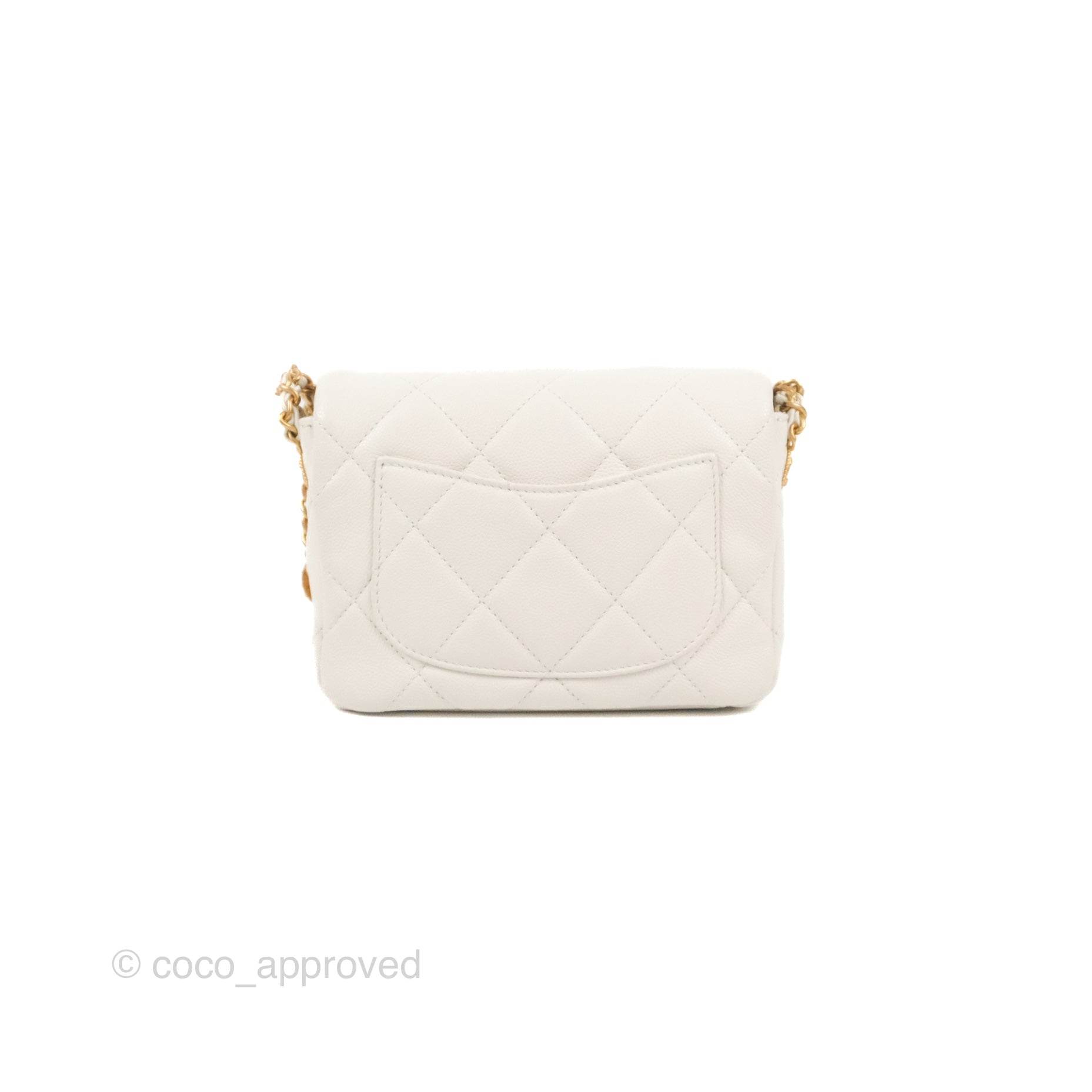 Chanel Mini Flap Bag with Coco Heart Chain White Lambskin Aged Gold Ha –  Coco Approved Studio