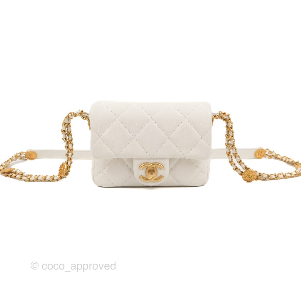 Chanel Mini Flap with Coin Charm White Caviar Aged Gold Hardware 22A