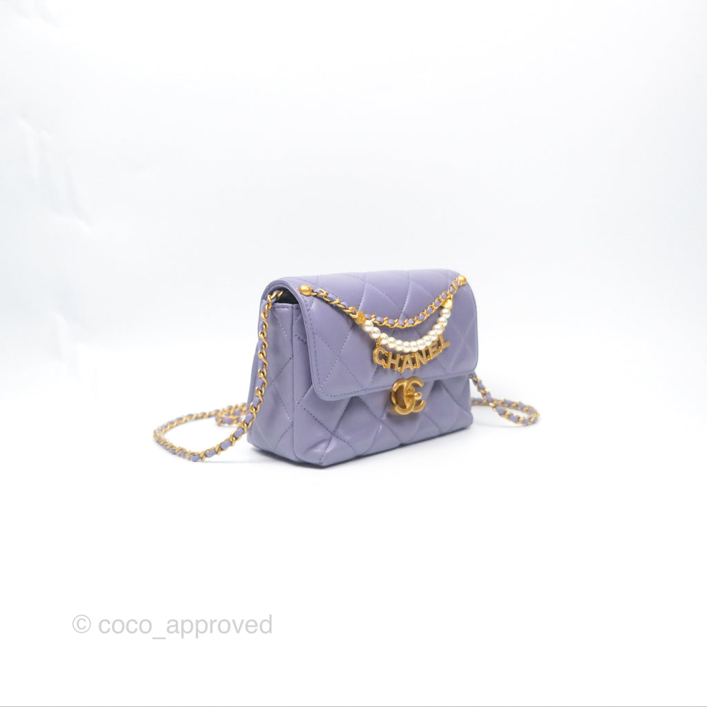 Chanel Crystal Pearl Chain Mini Flap Bag Purple Lambskin Aged Gold Hardware