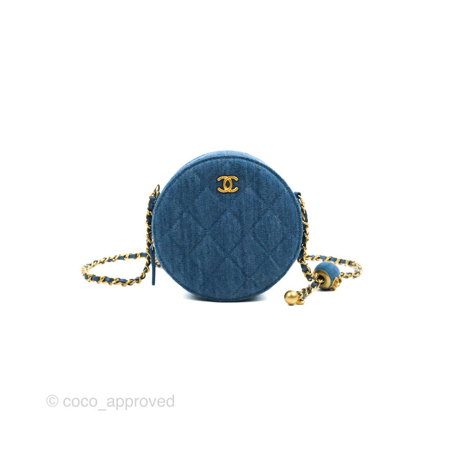Chanel Quilted Pearl Crush Round Clutch With Chain Denim Aged Gold Hardware