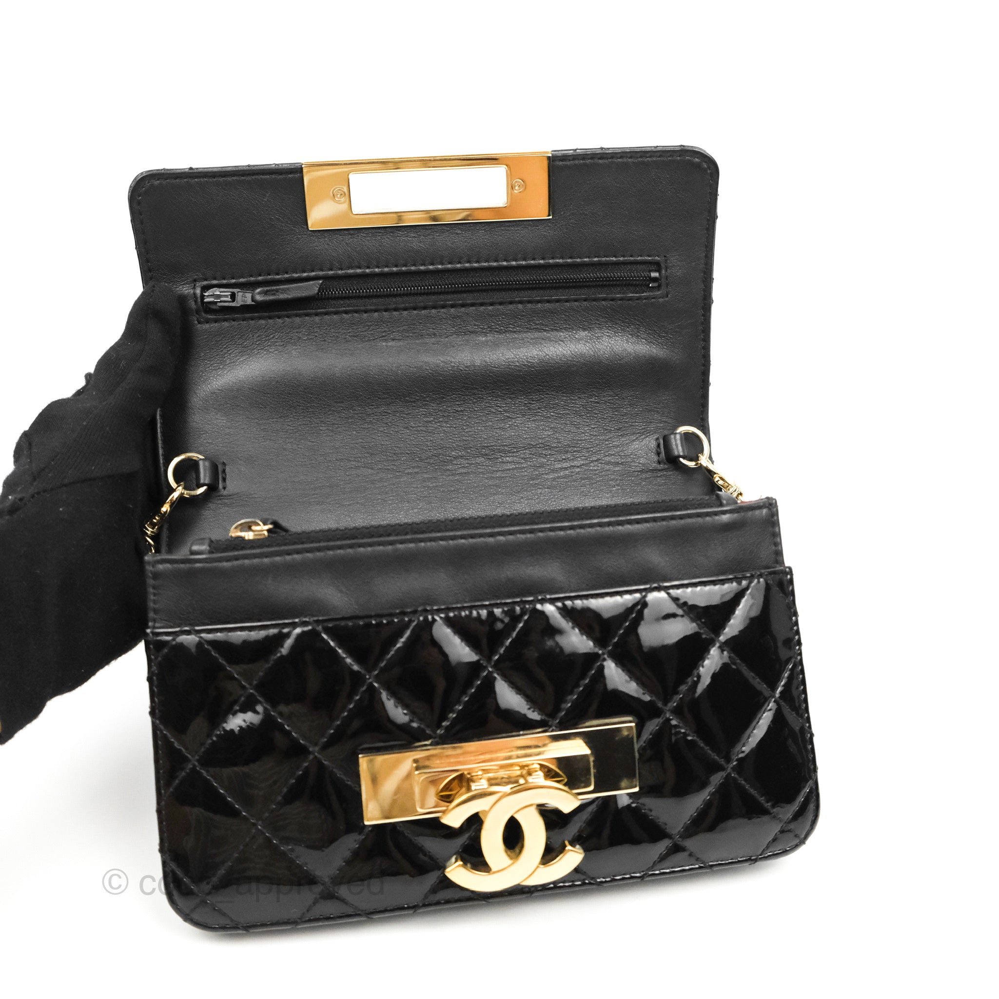 Chanel Black Quilted Patent Leather Golden Class East/West Medium Flap Bag  - Yoogi's Closet