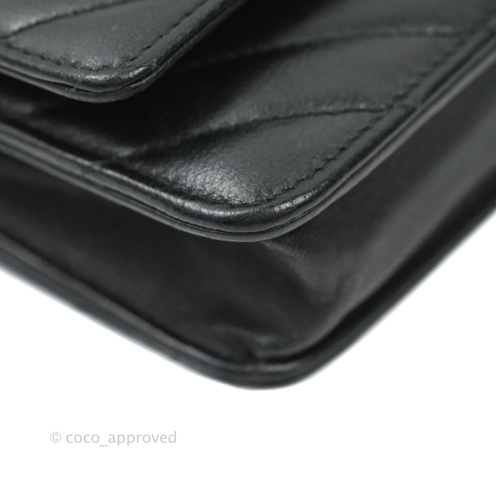Chanel Chevron CC Zipped Card Holder Black Lambskin Silver Hardware