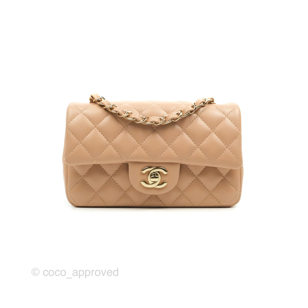 Chanel Quilted Mini Rectangular Flap Beige Lambskin Gold Hardware