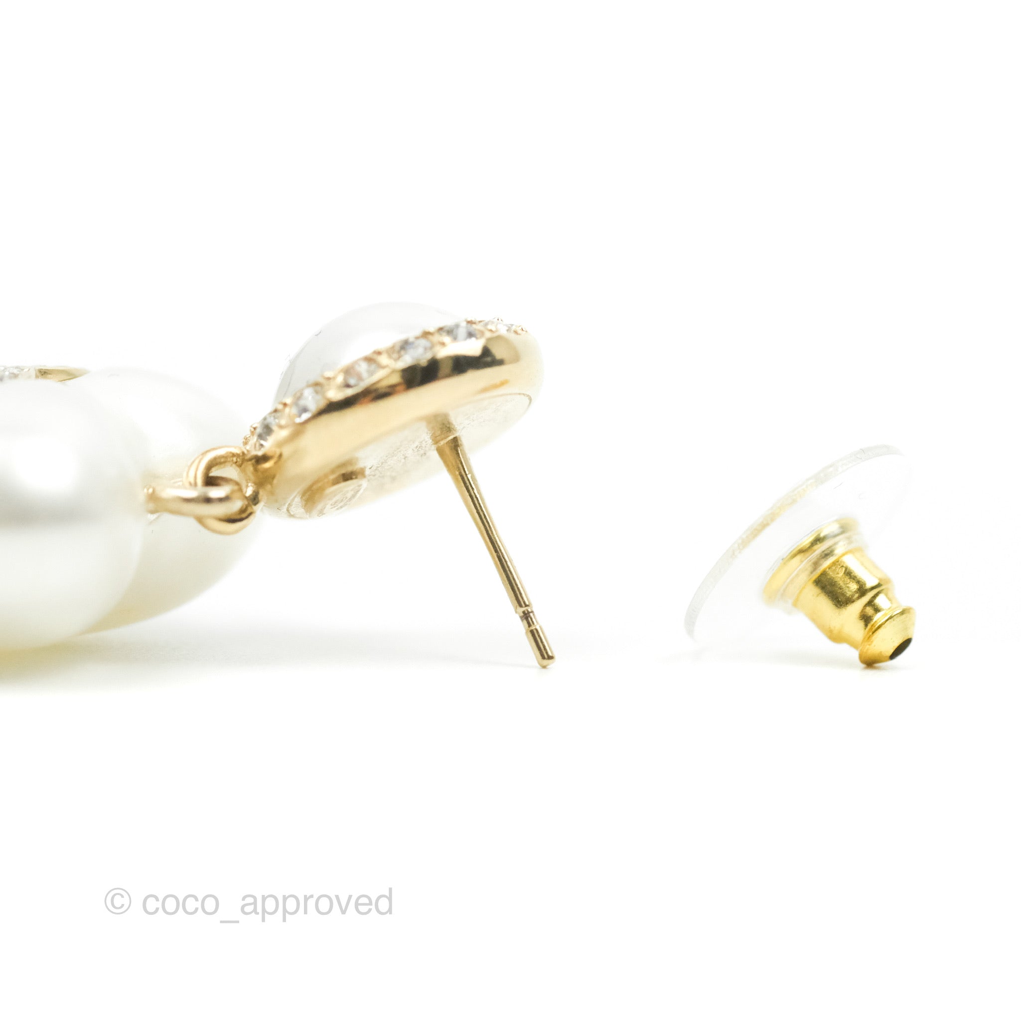CHANEL Pearl Crystal CC Earrings Light Gold 1045148