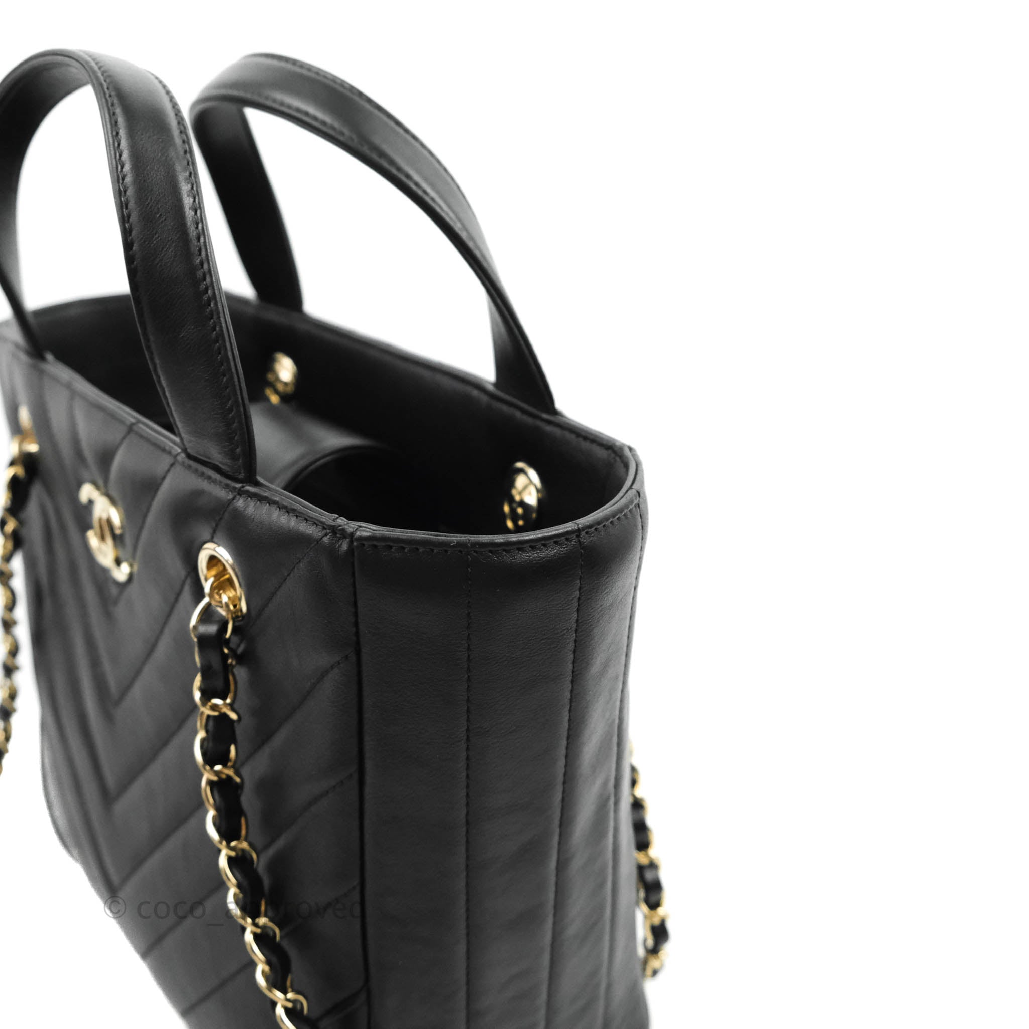 Chanel Small Chevron Tote Bag Black Calfskin Gold Hardware – Coco