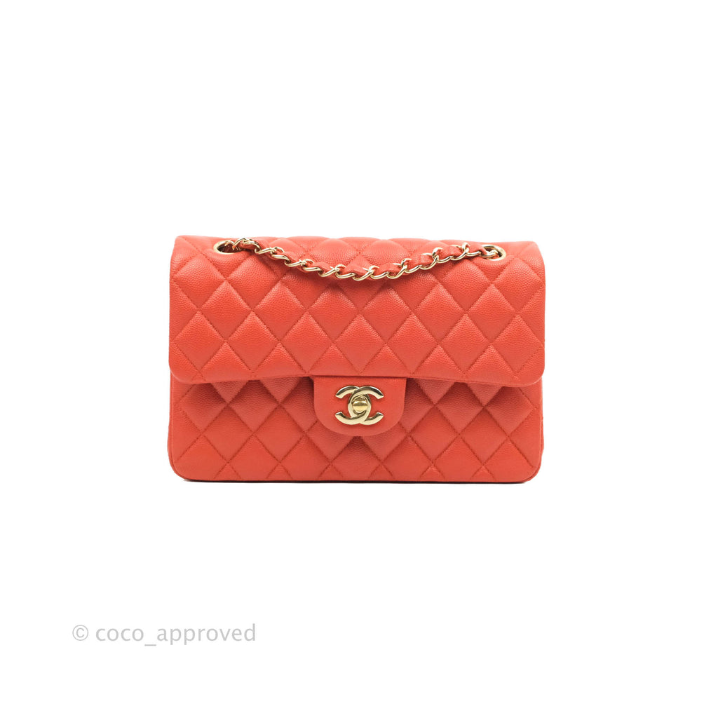 Chanel S/M Small Classic Quilted Flap Orange Caviar Gold Hardware