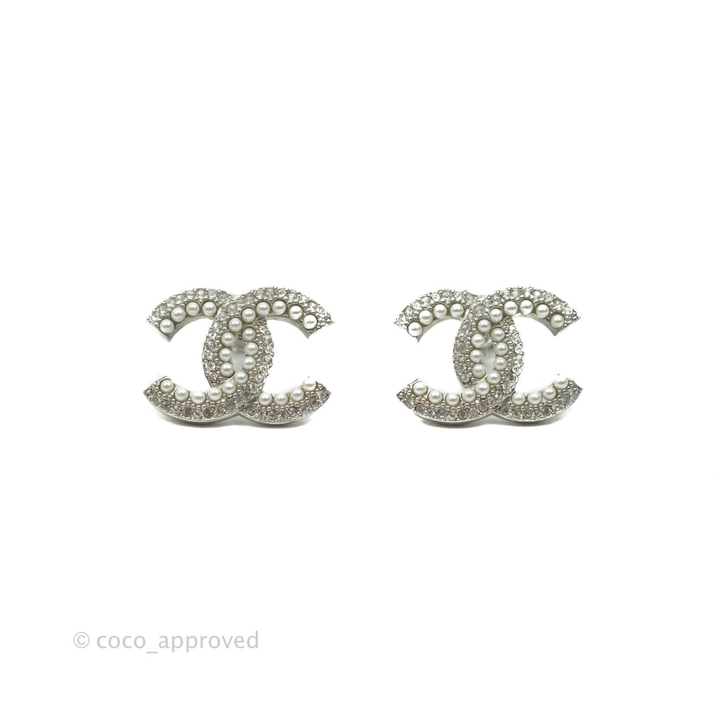 Chanel CC Pearl Crystal Earrings Silver Tone