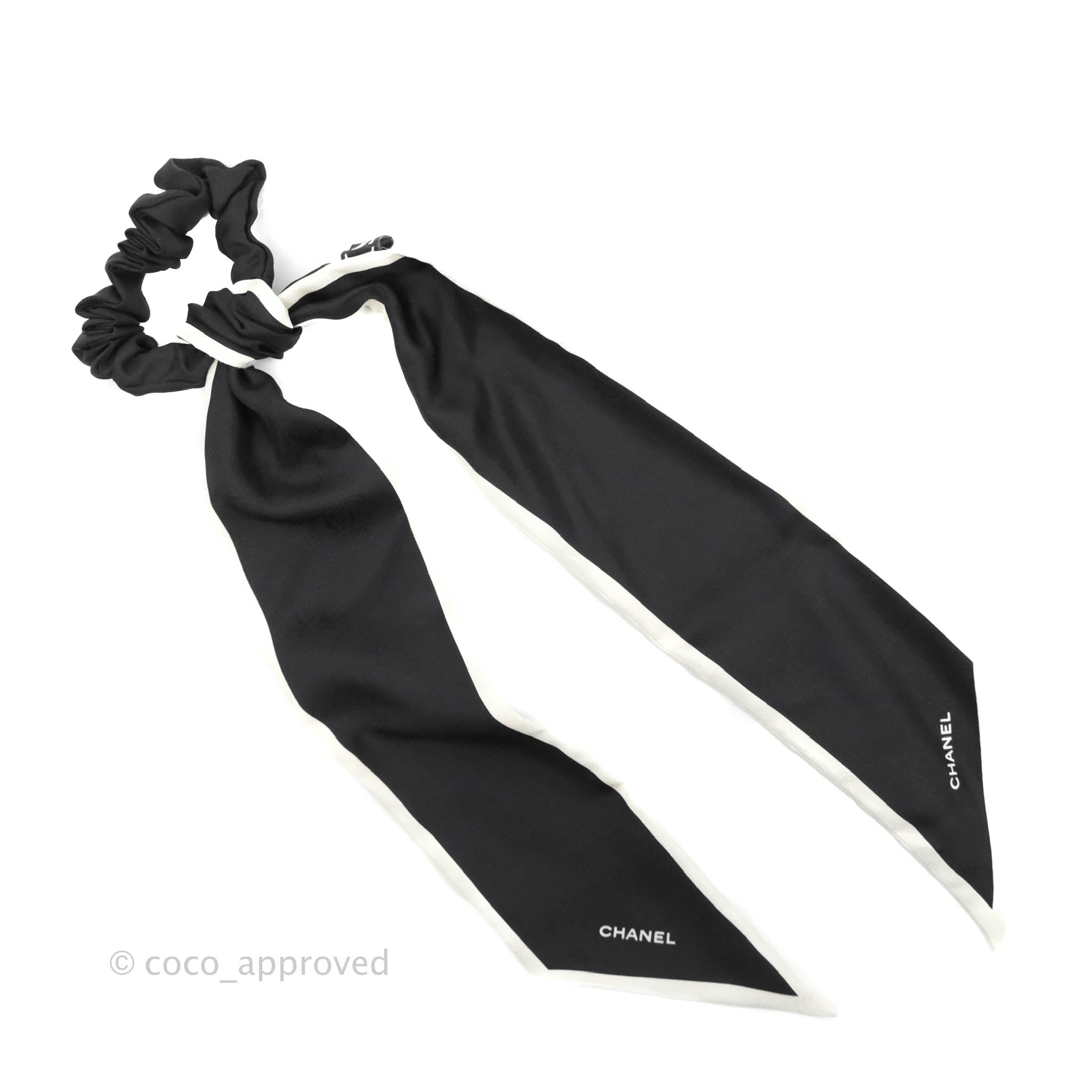 CHANEL Silk Twill Hair Tie Ivory Black 705638