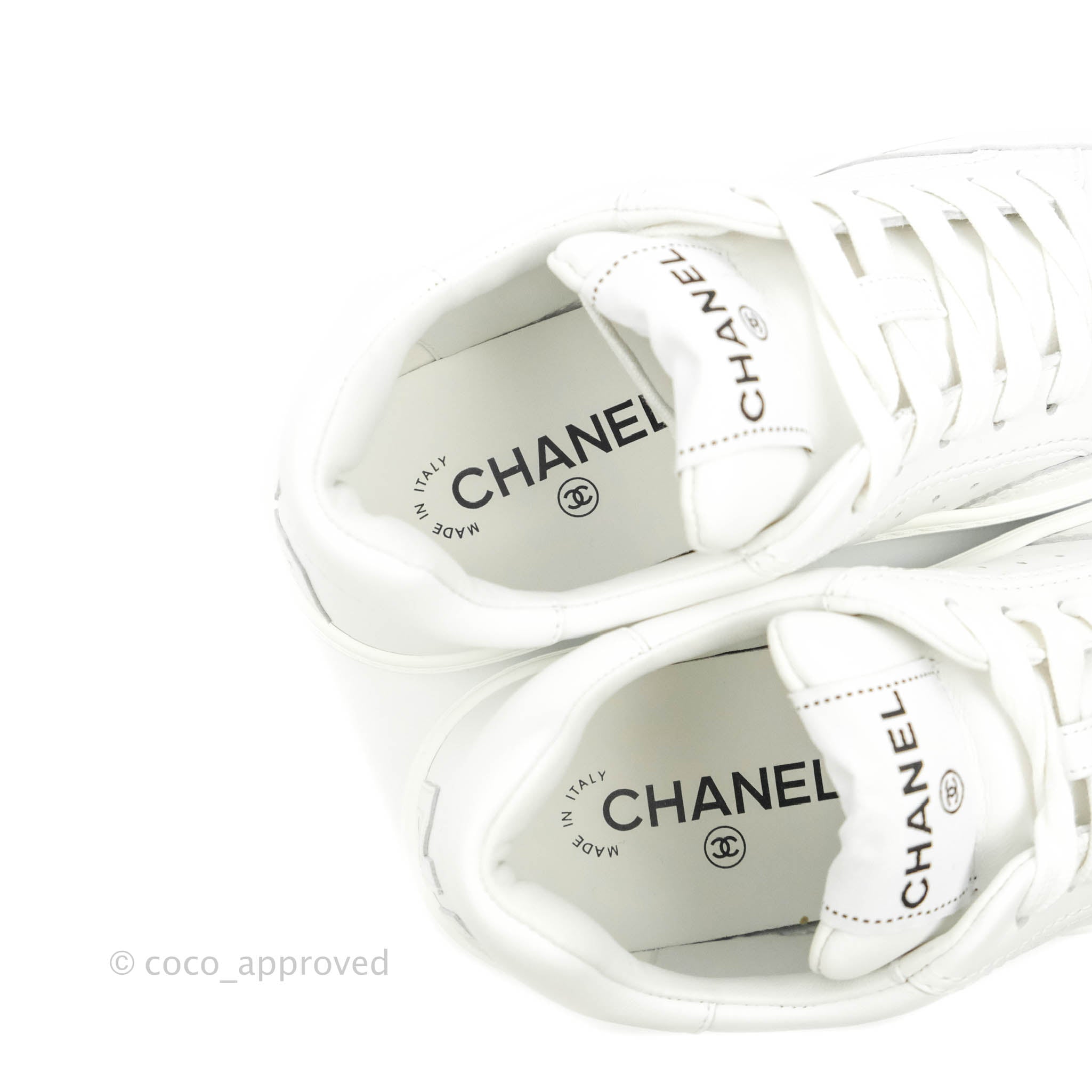 Chanel Calfskin Logo Sneakers White Size 37.5 – Coco Approved Studio