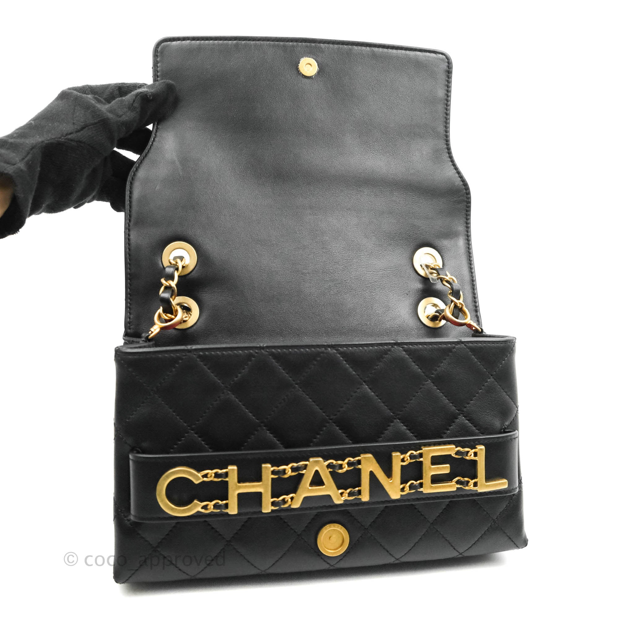 Chanel Logo Enchained Flap Bag Black Calfskin Gold Hardware Coco Approved Studio