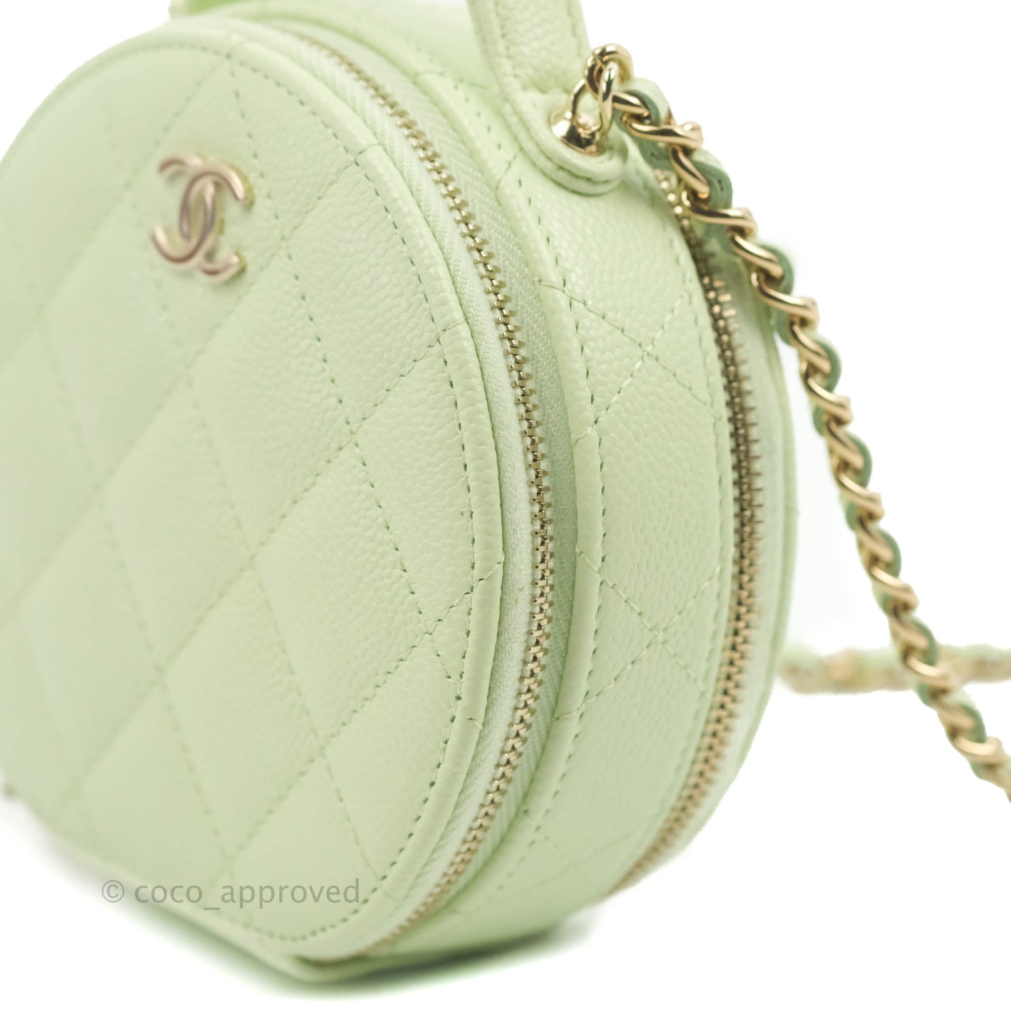 Chanel Mini Round Vanity Bag Handle With Care Light Green Caviar