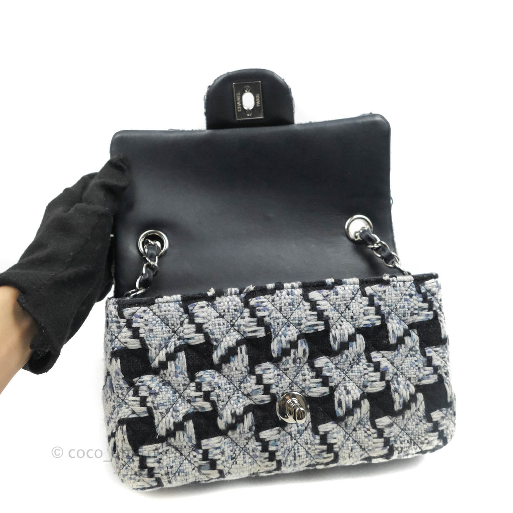 Chanel Classic Mini Rectangular Flap Blue Black Tweed Silver Hardware