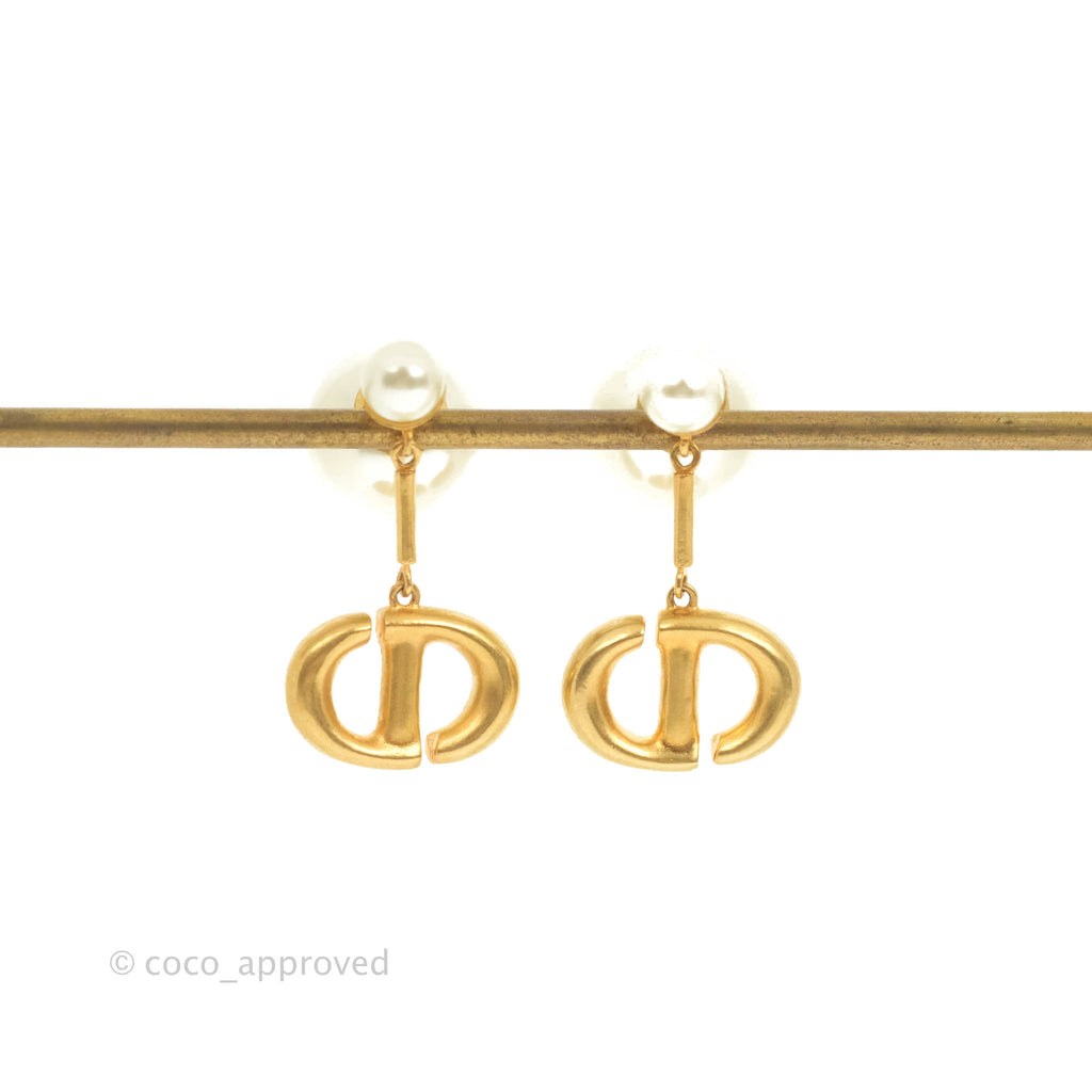 Christian Dior Tribales Pearl CD Navy Drop Earrings Gold Tone