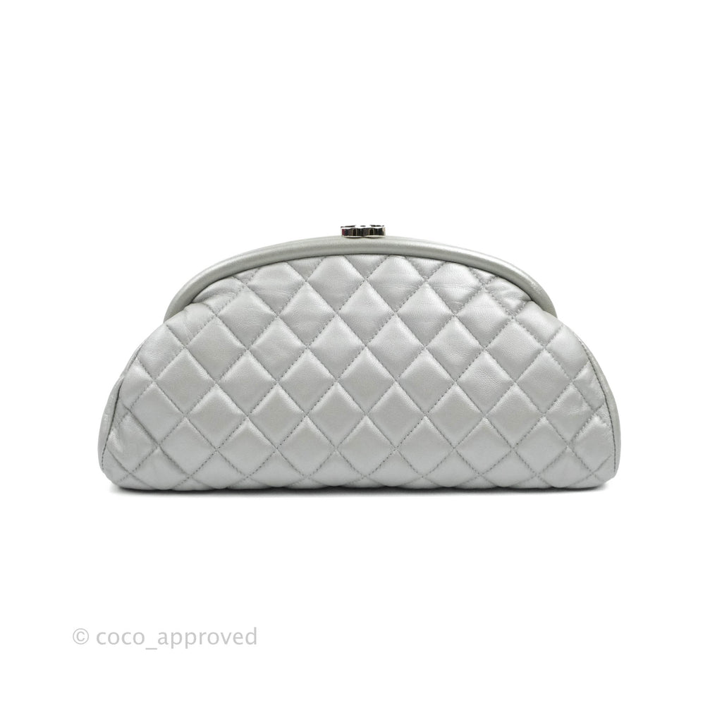 Chanel Quilted Timeless Kisslock Clutch Metallic Silver Lambskin Silver Hardware