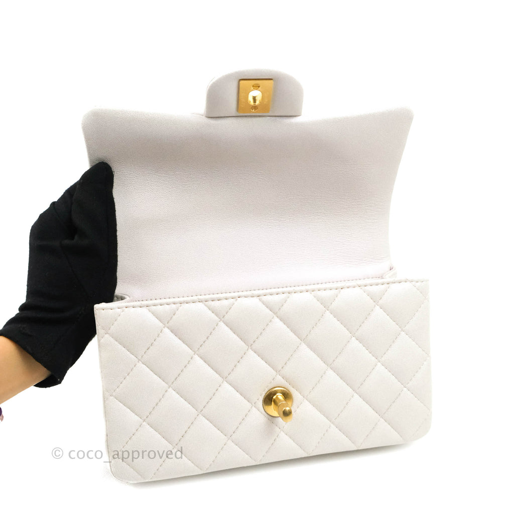 Chanel Top Handle Mini Rectangular Flap Bag Iridescent White Lambskin Gold Hardware