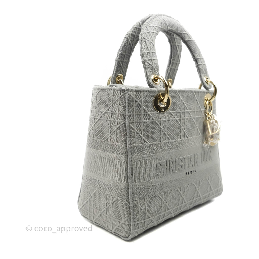 Christian Dior Medium Lady D-Lite Bag Gray Cannage Embroidery Gold Hardware