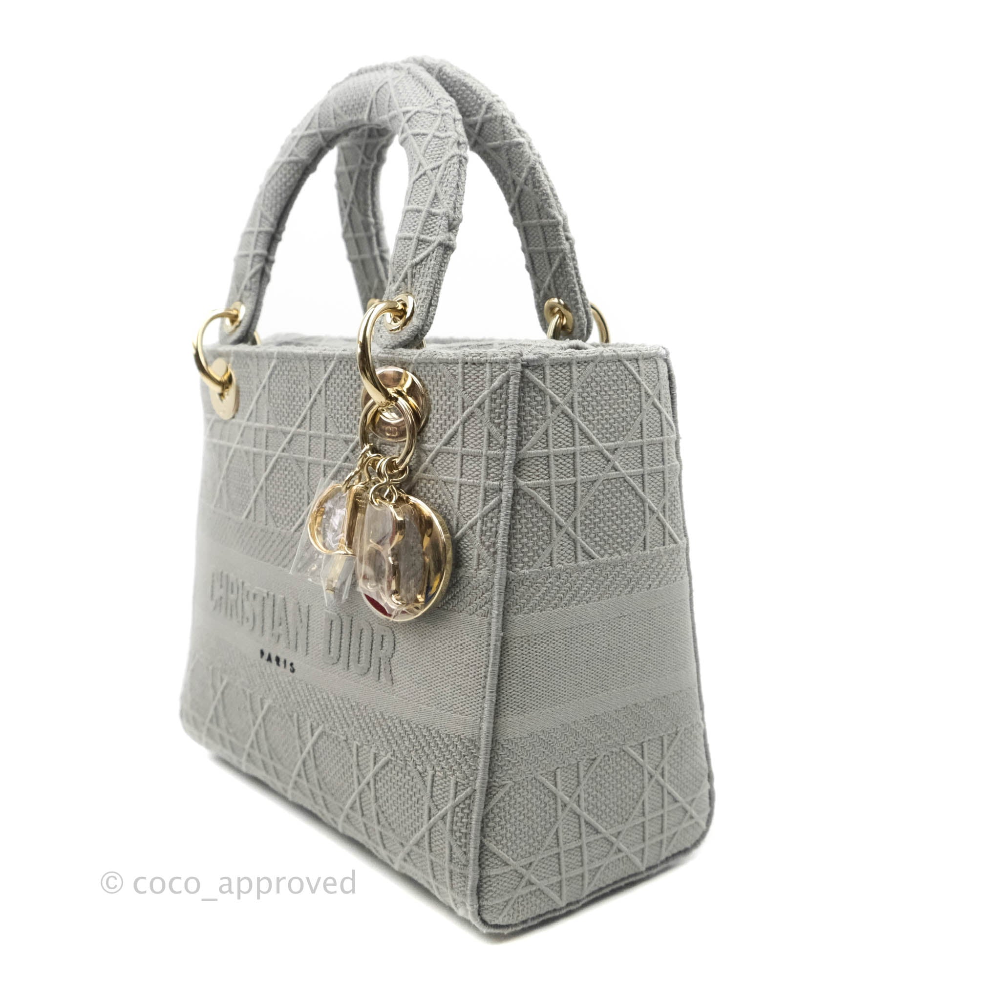 Christian Dior Medium Lady D-Lite Bag Gray Cannage Embroidery Gold Har –  Coco Approved Studio