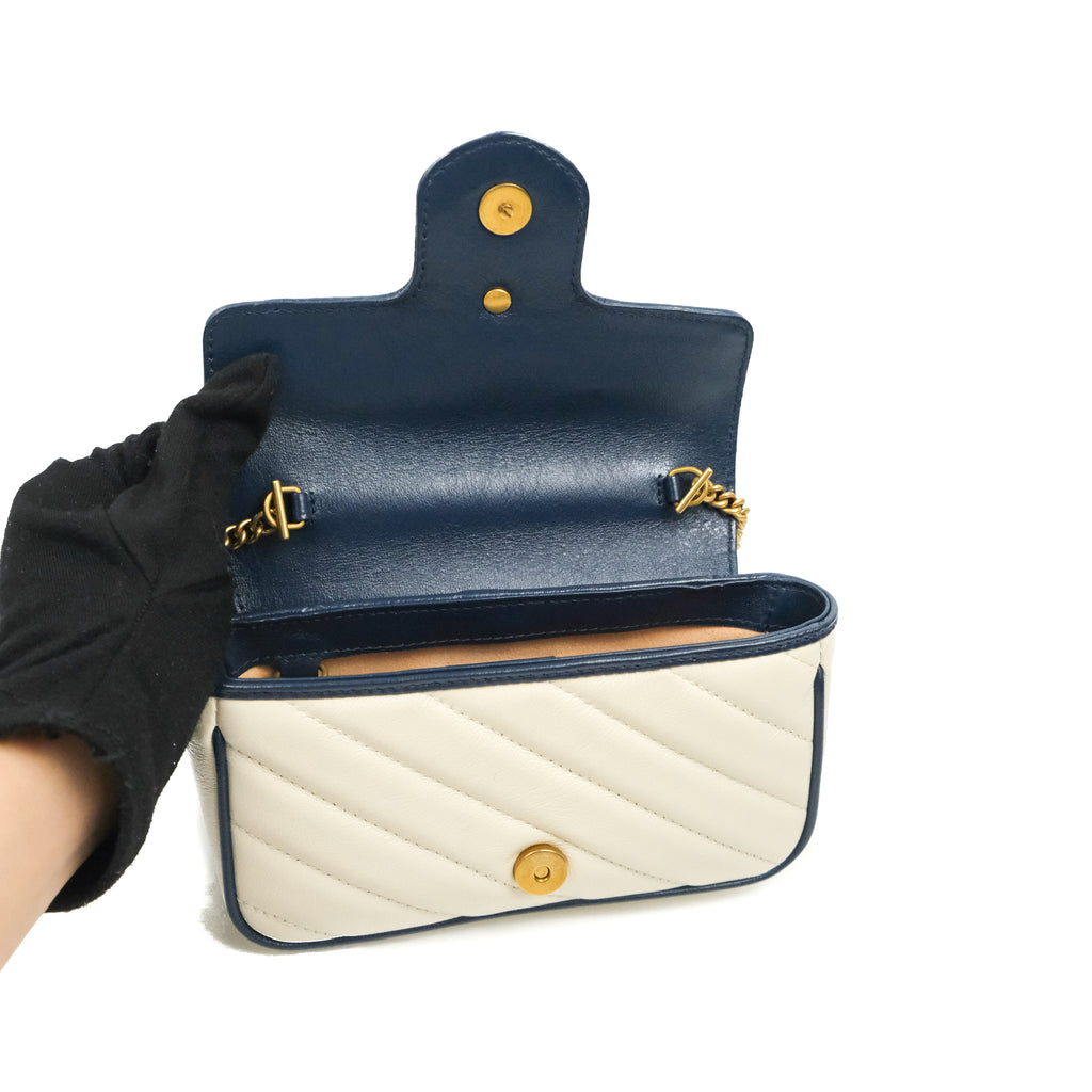 Gucci GG Marmont Matelassé Leather Super Mini Bag Navy White