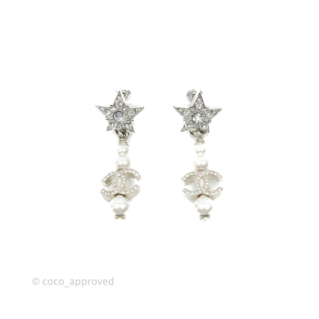 Chanel Crystal Pearl CC Star Drop Earrings Silver