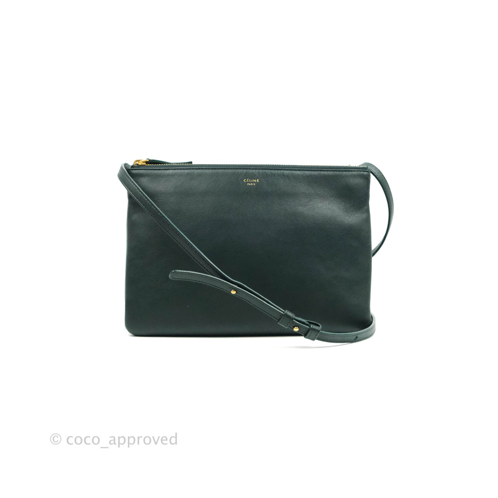 Celine Large Trio Crossbody Bag Dark Green Lambskin Gold Hardware