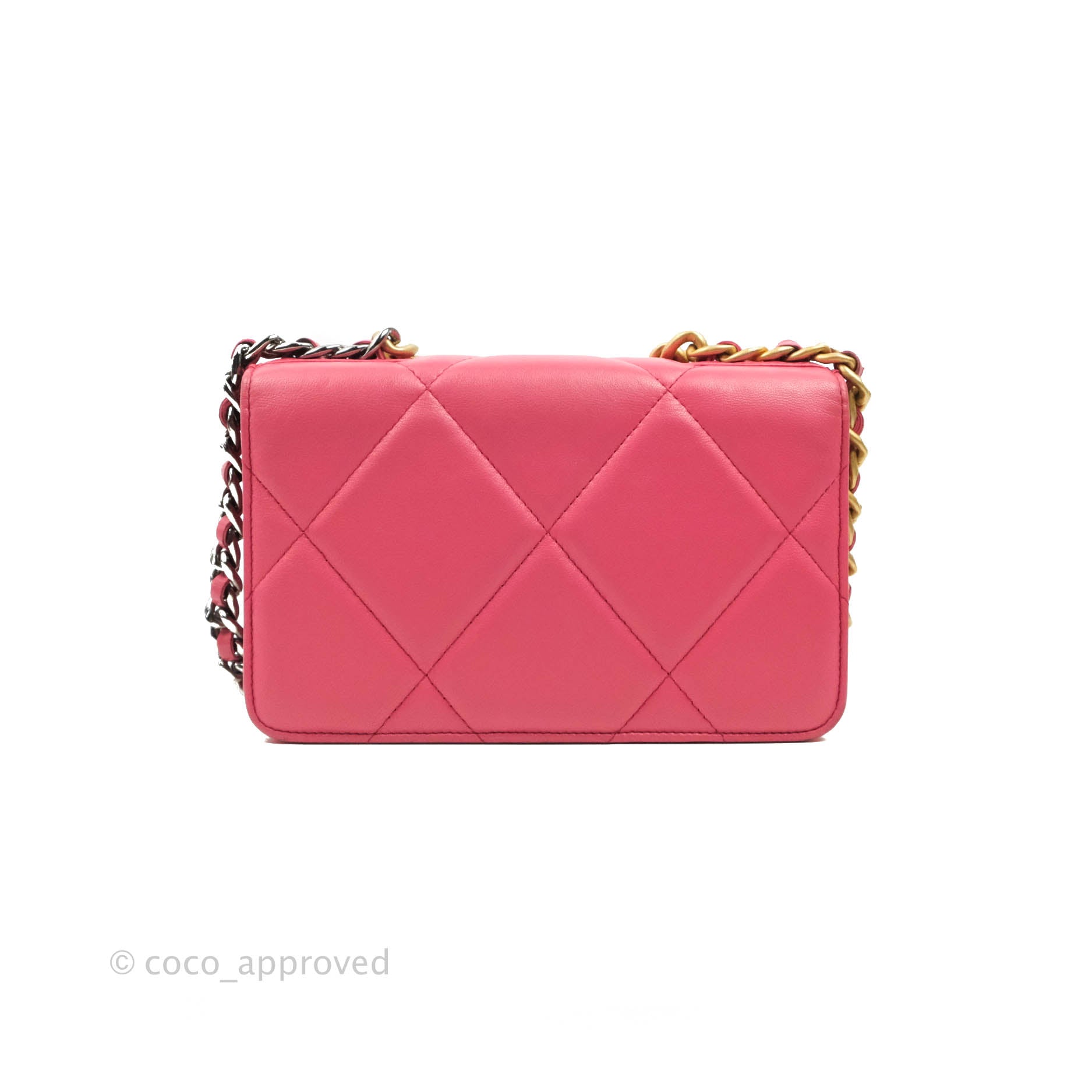 CHANEL Shiny Lambskin Quilted Chanel 19 Wallet On Chain WOC Neon