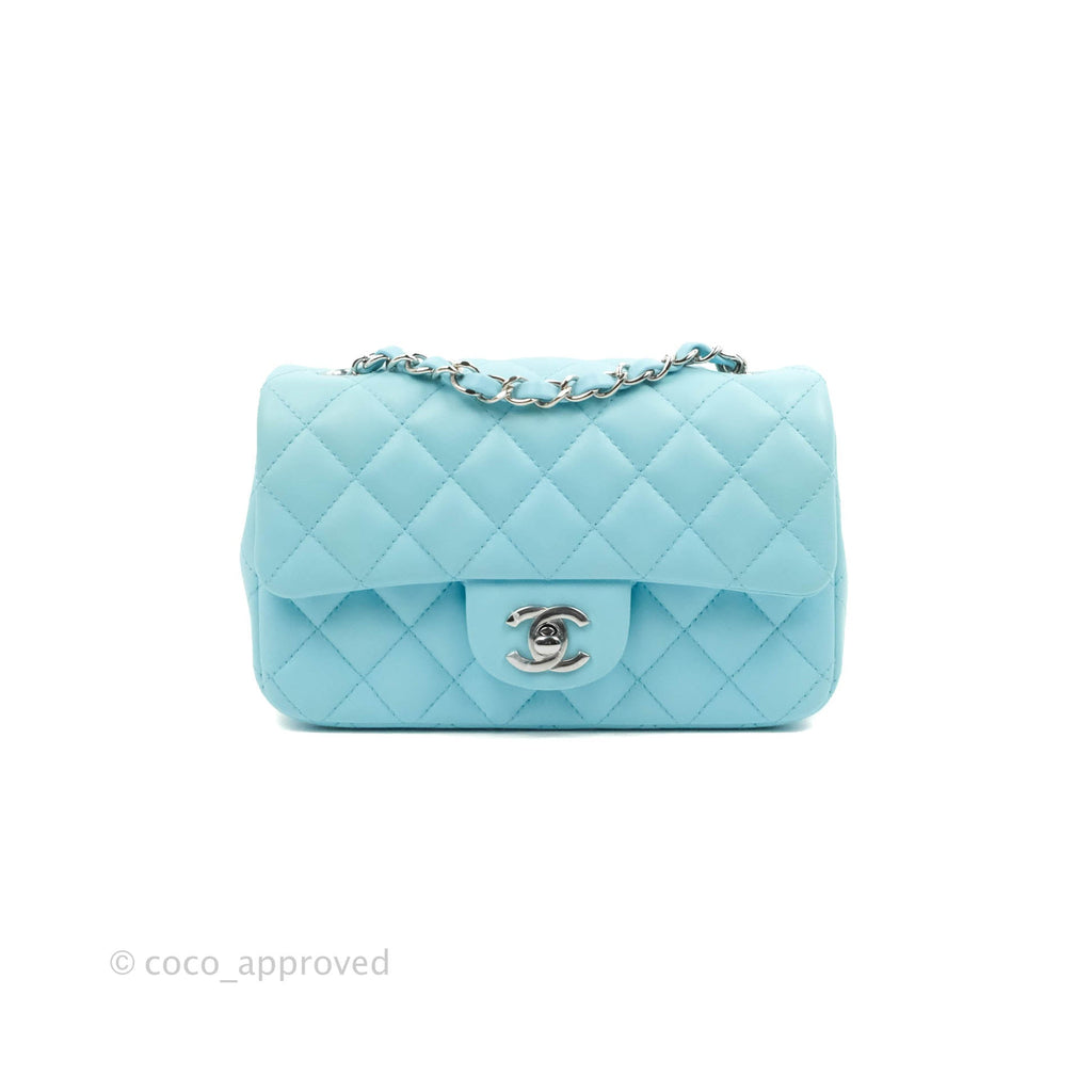 Chanel Quilted Mini Rectangular Flap Sky Blue Lambskin Silver Hardware 21S