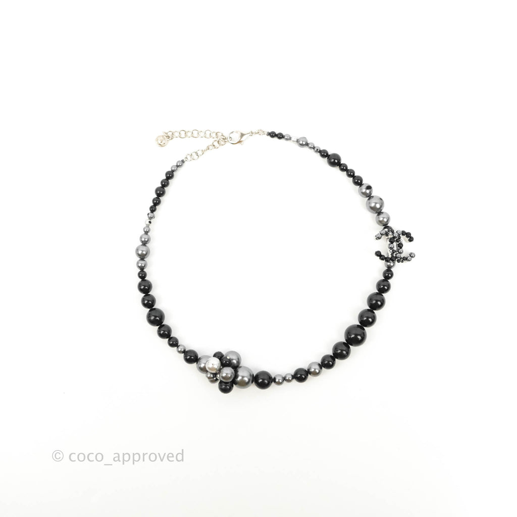 Chanel CC Resin Black Bead Necklace Silver Tone 14P