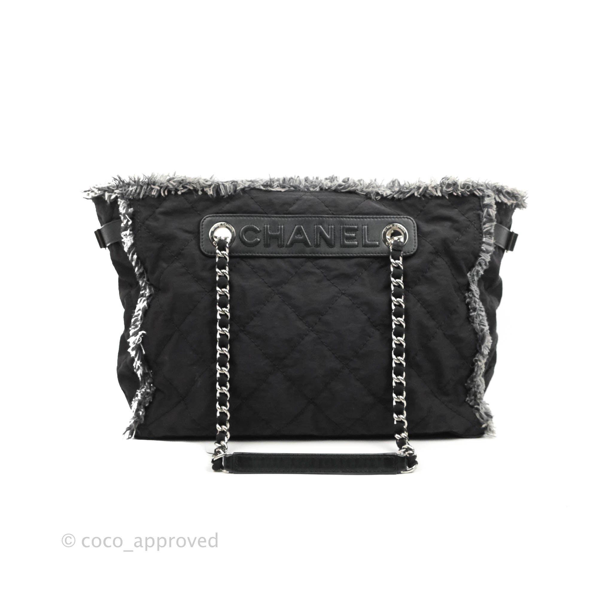 Chanel Quilted Trim Tweed Tote Black Fabric Silver Hardware – Coco