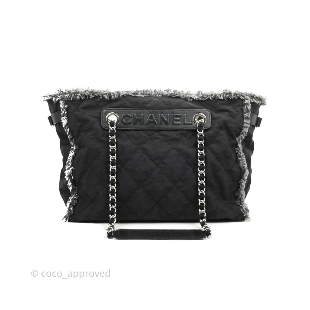 Chanel Quilted Trim Tweed Tote Black Fabric Silver Hardware