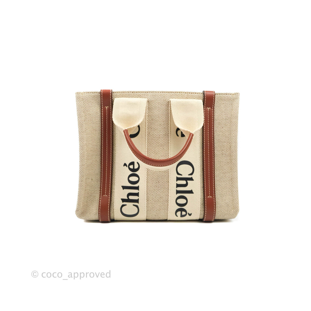 Chloe Small Woody Tote Bag Cotton Canvas & Brown Calfskin with Woody Ribbon