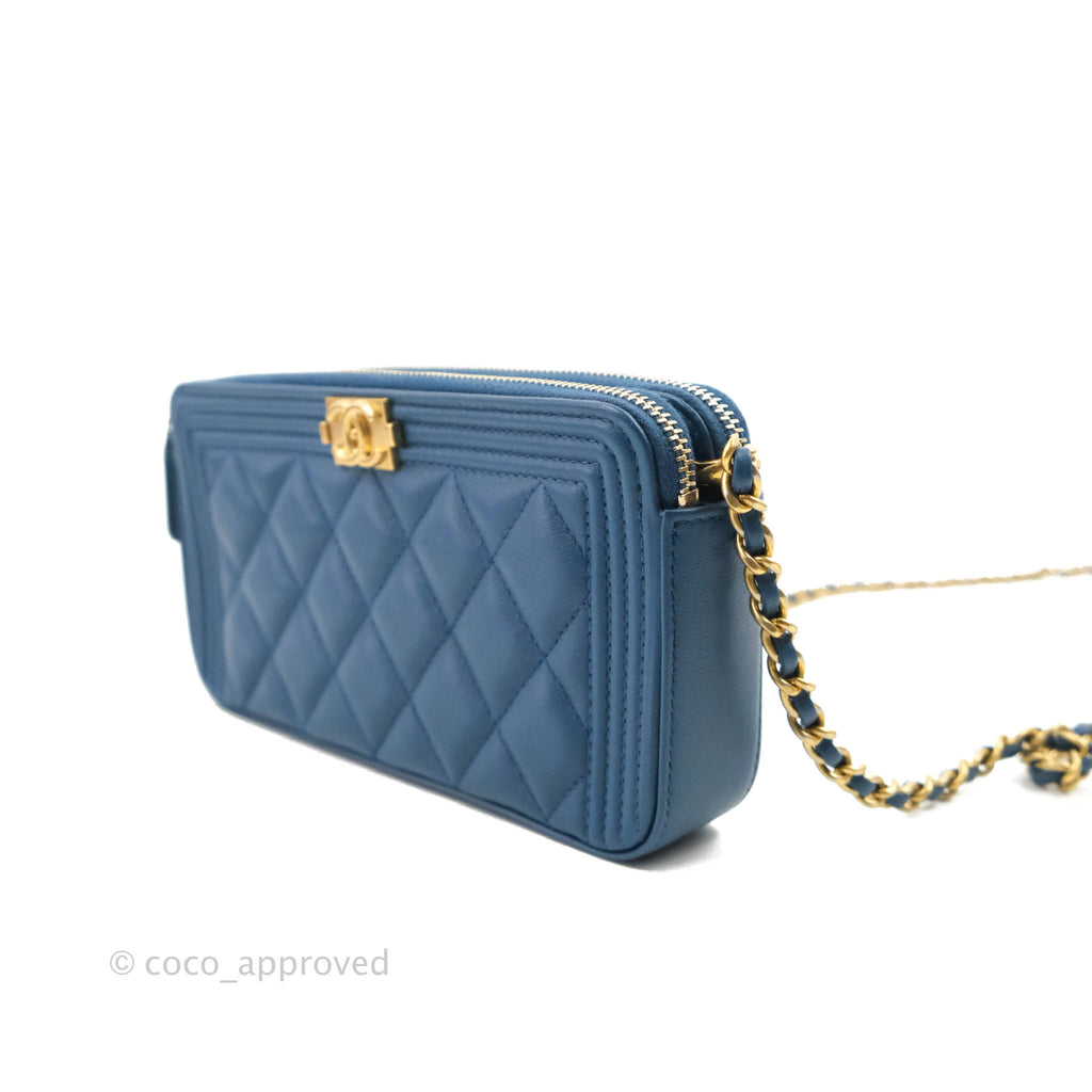 Chanel Boy Double Zip Clutch On Chain Blue Caviar Aged Gold Hardware