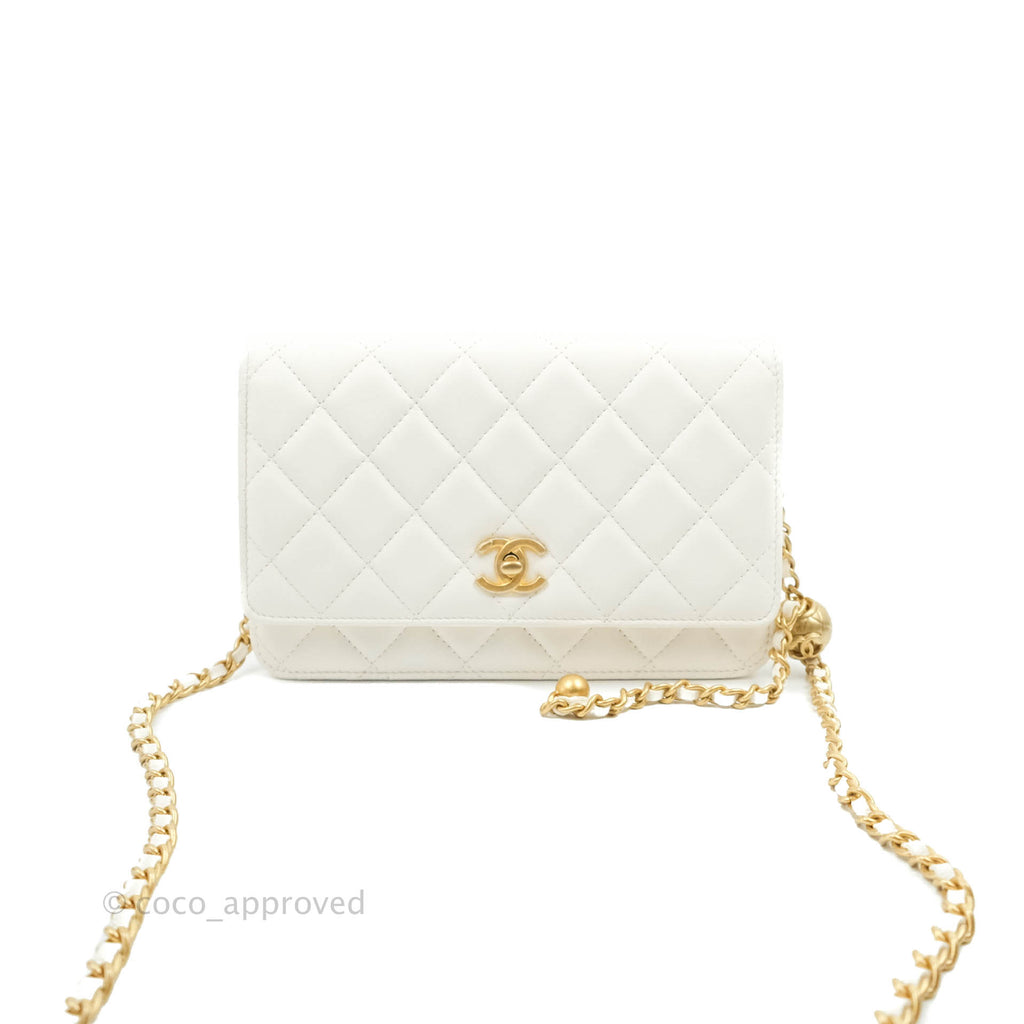 Chanel Quilted Pearl Crush Wallet on Chain WOC White Lambskin Aged Gold Hardware