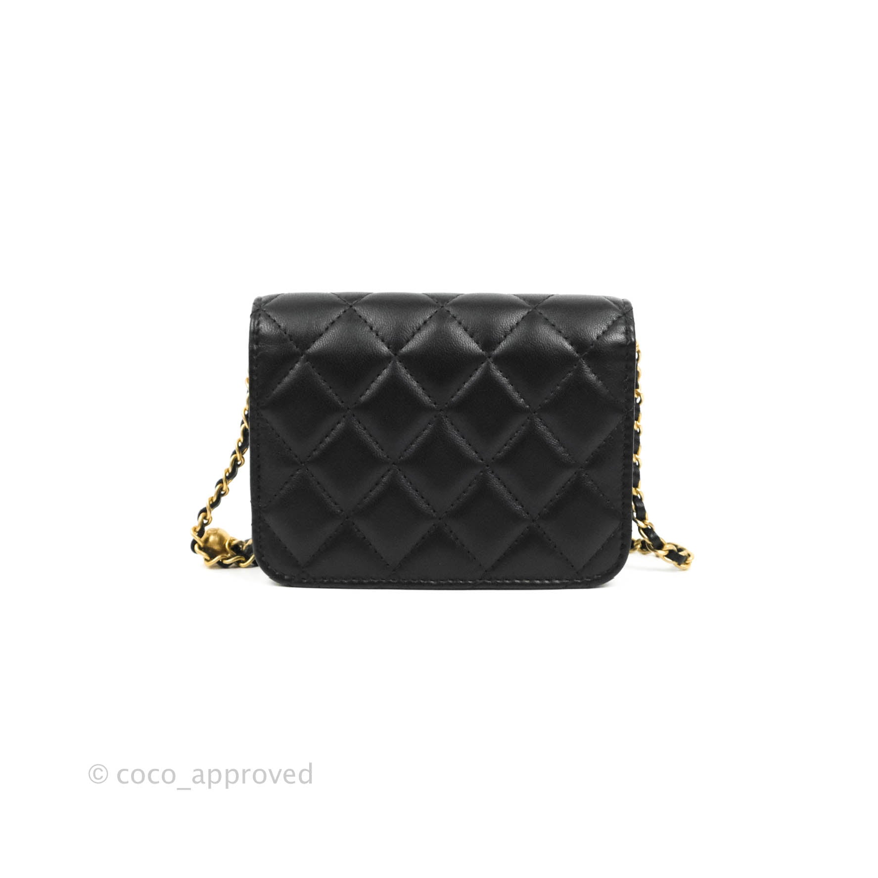 Chanel Pearl Crush Mini Wallet With Chain Black Lambskin Aged Gold