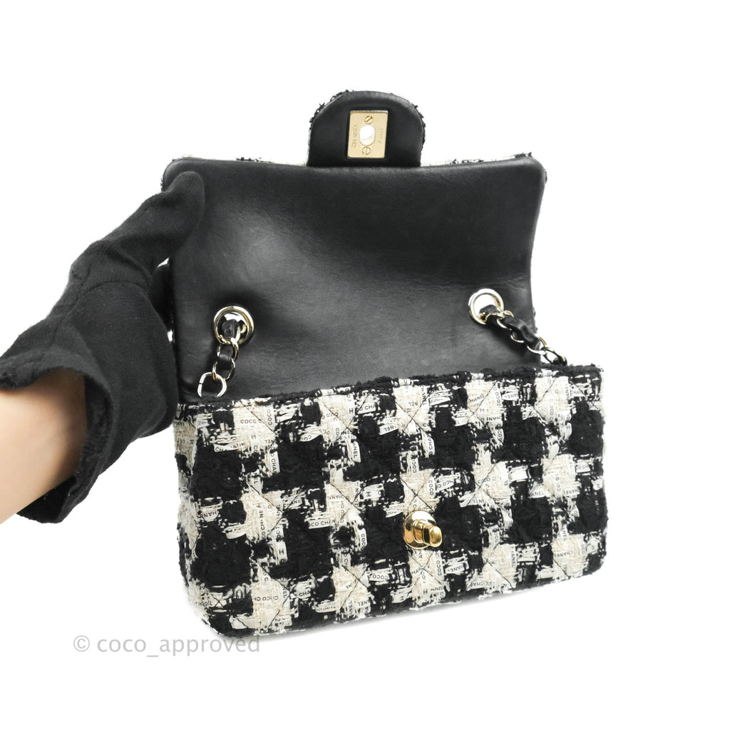 Chanel Quilted Mini Rectangular Flap Tweed Houndstooth Black & White Gold Hardware