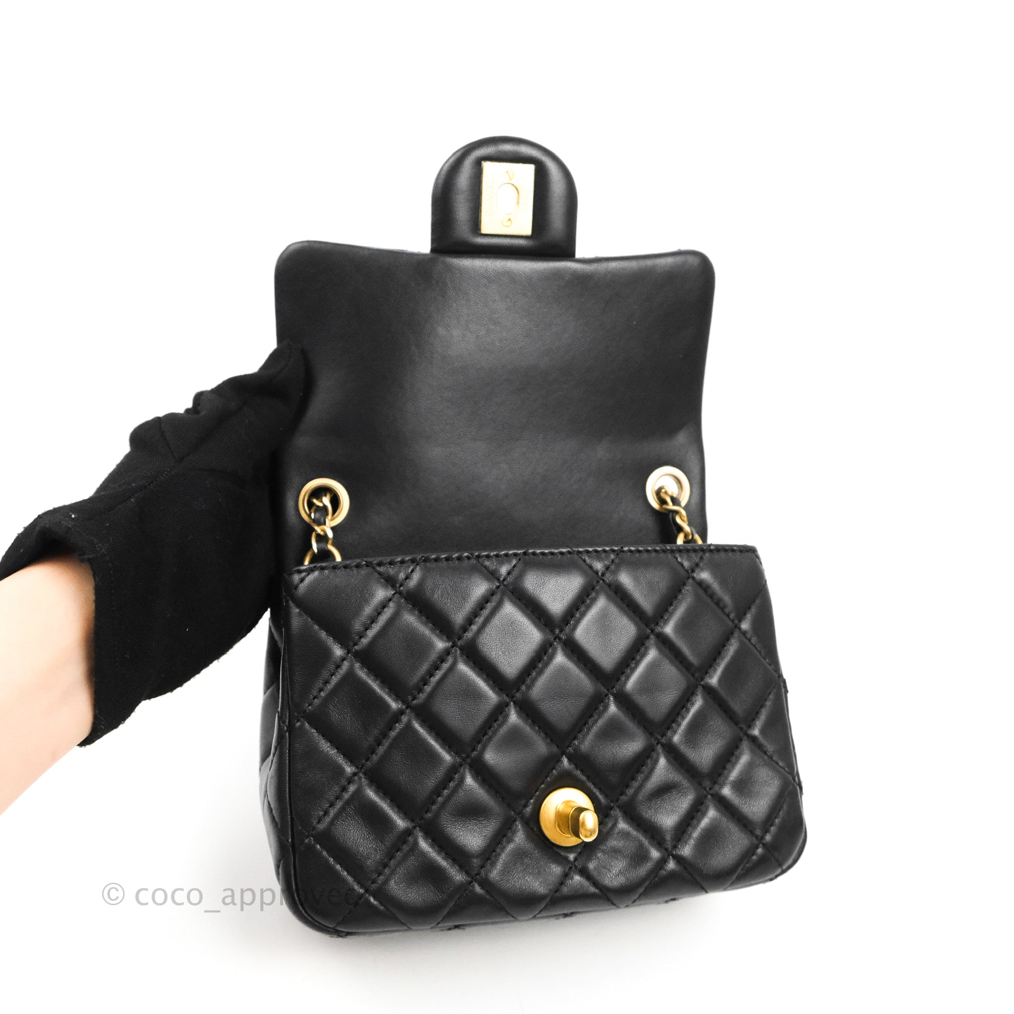 Chanel Pearl Crush Mini Square Quilted Black Lambskin Aged Gold