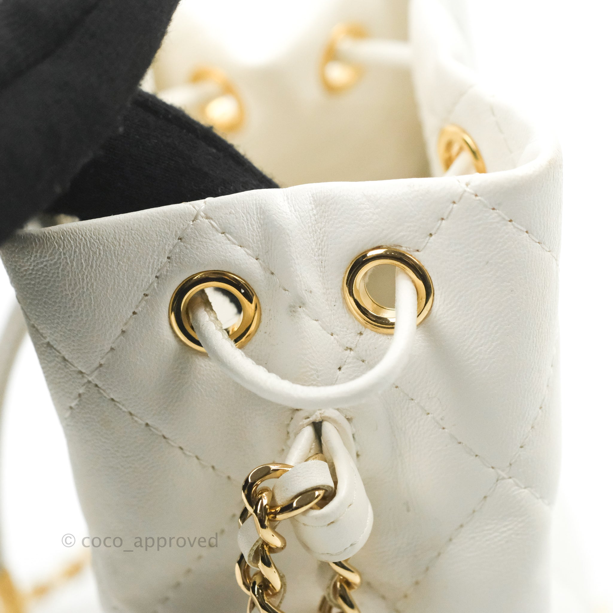 Chanel Quilted Small Drawstring Bucket Bag White Calfskin Gold Hardwar –  Coco Approved Studio