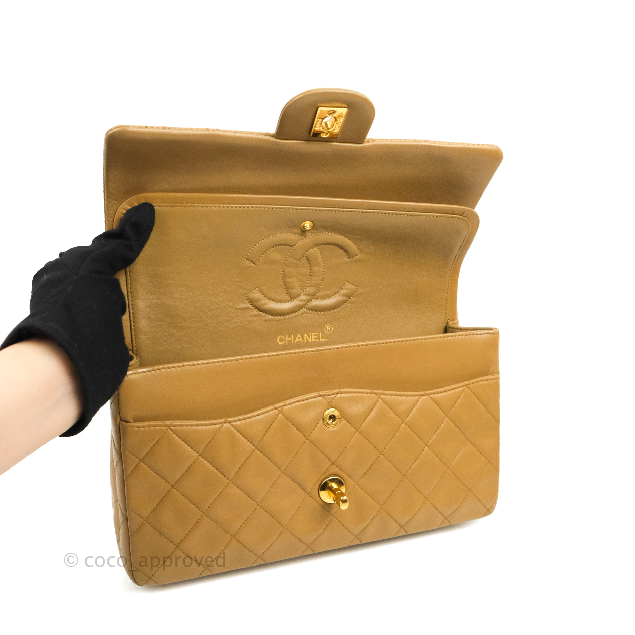 Chanel Vintage Classic M/L Medium Double Flap Bag Dark Beige Lambskin 24K  Gold Hardware