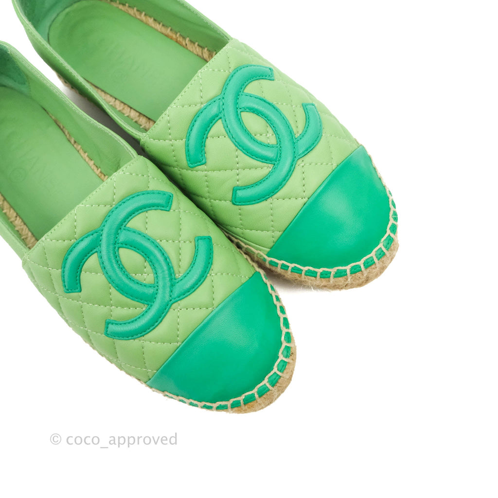 Chanel CC Espadrilles Quilted Green Lambskin Size 37
