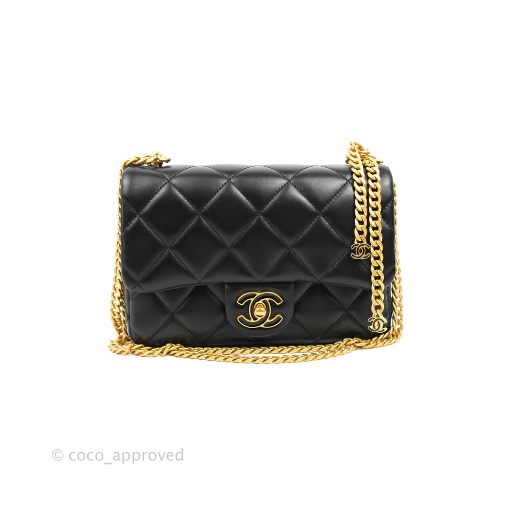 Chanel Quilted Pending CC Enamel Mini Square Flap Black Lambskin Aged Gold Hardware 22P