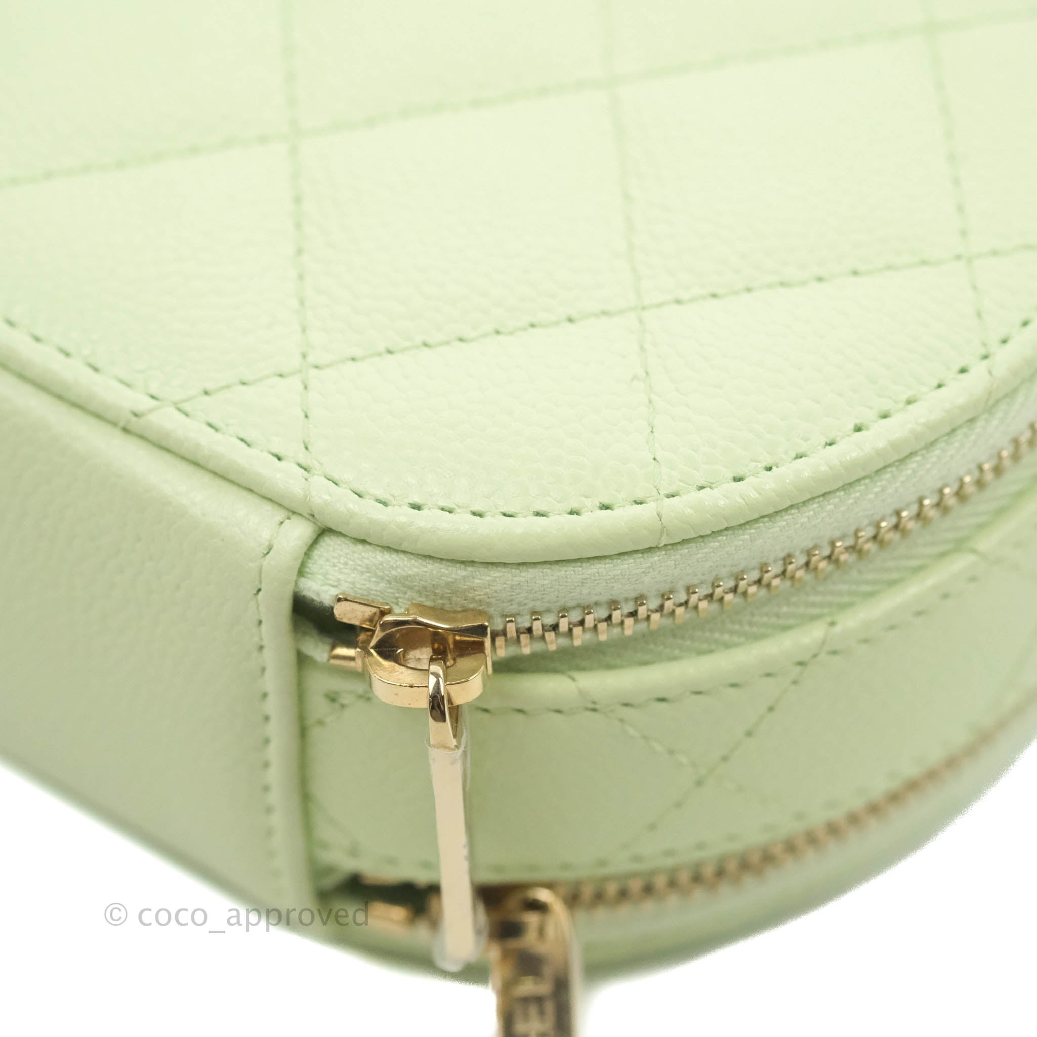 Chanel Mini Round Vanity Bag Handle With Care Light Green Caviar 22C – Coco  Approved Studio