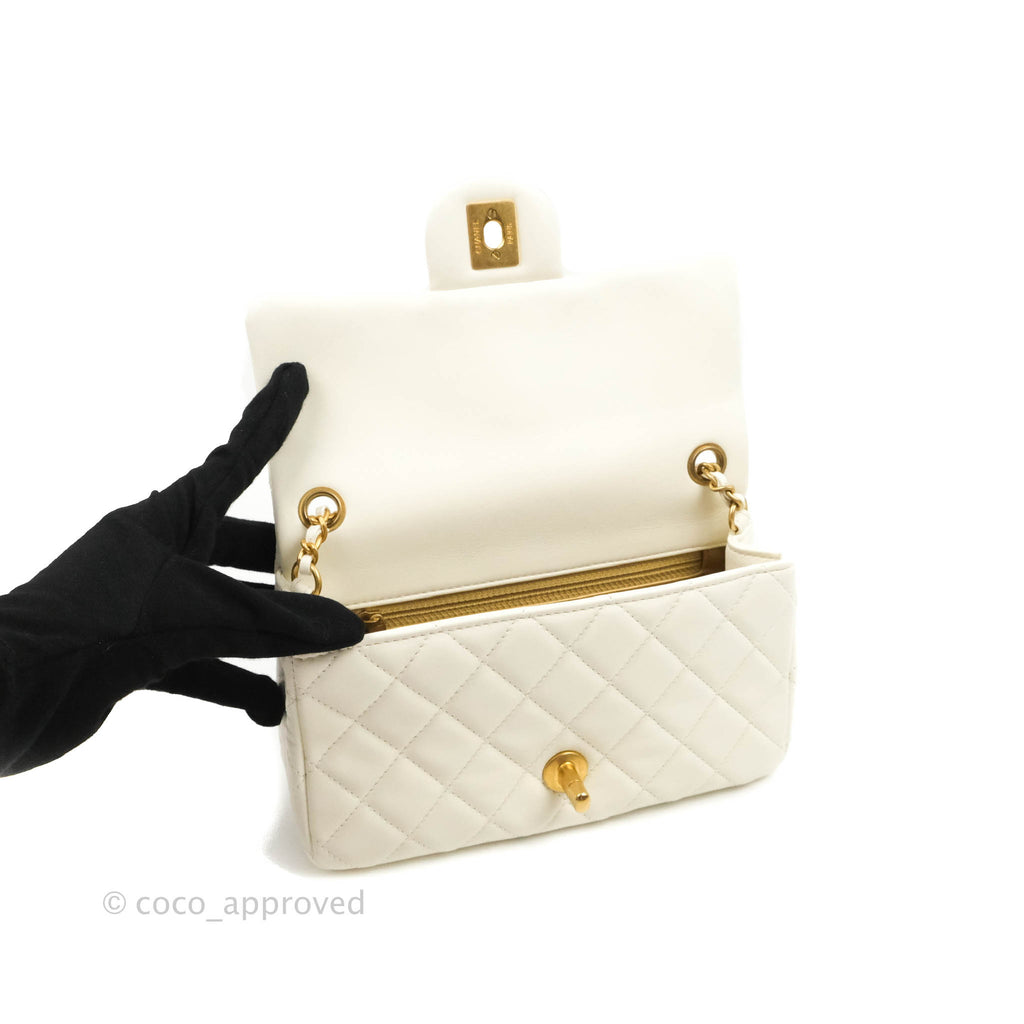 Chanel Mini Rectangular Pearl Crush Quilted White Lambskin Aged Gold Hardware