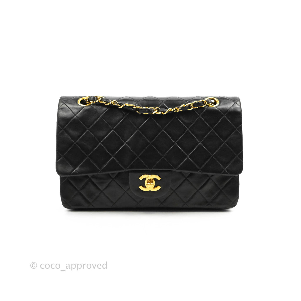 Chanel Vintage M/L Medium Double Flap Bag Black Lambskin 24K Gold Hardware