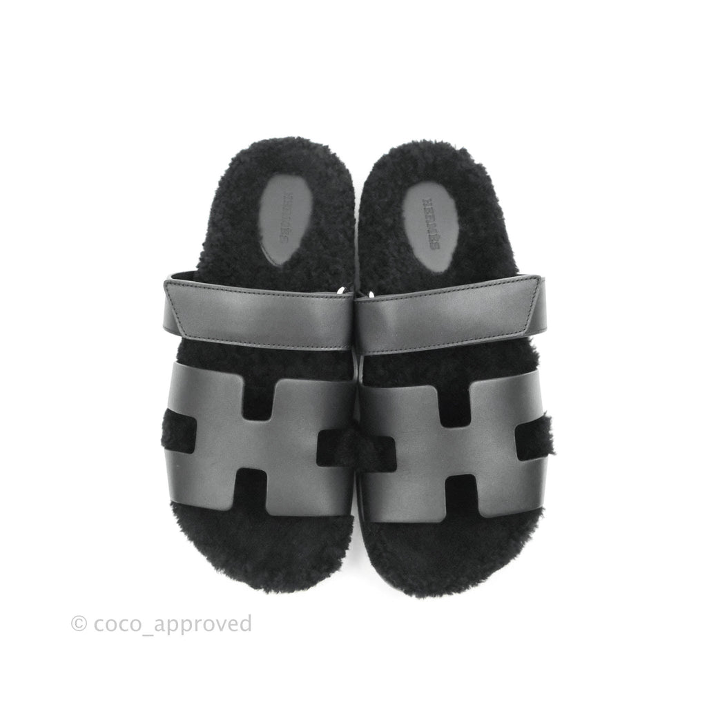 Hermès Chypre Sandal Shearling Black Calfskin