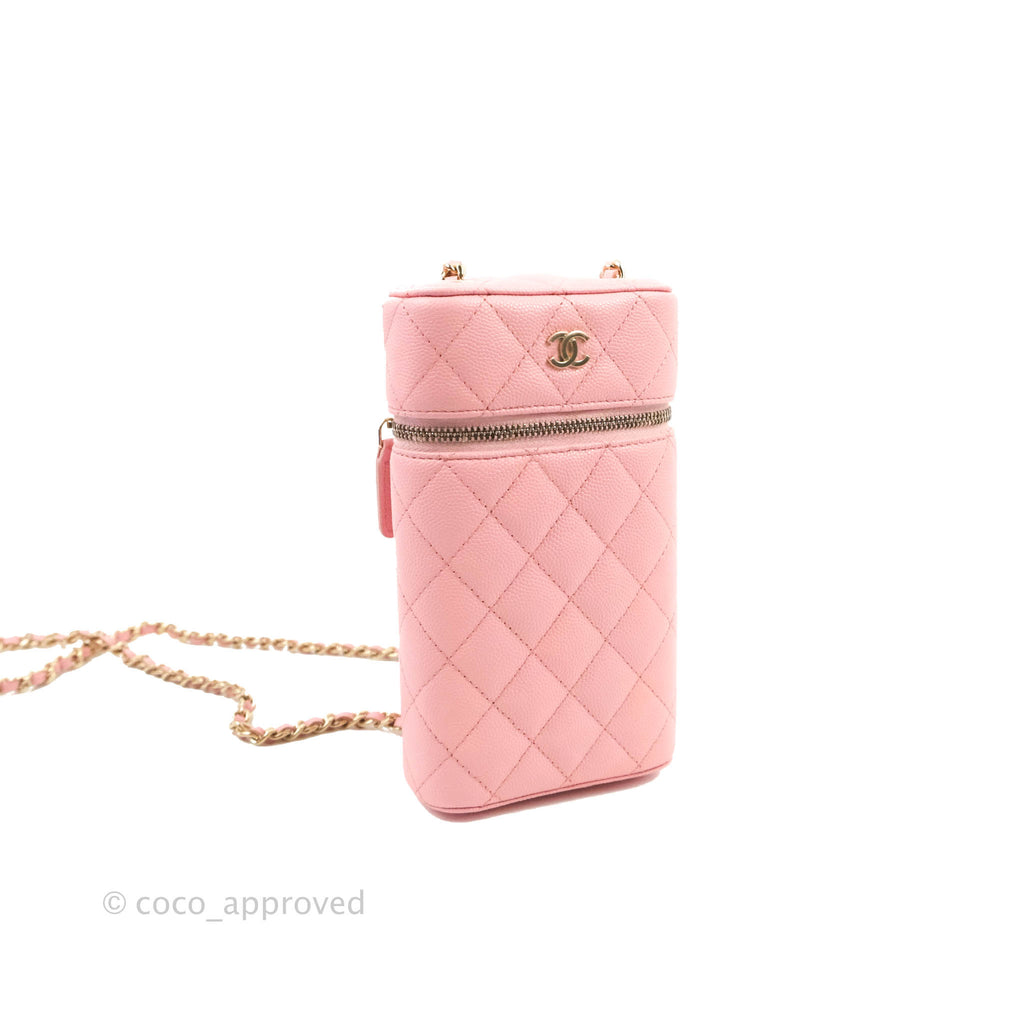 Chanel Vanity Phone Holder With Chain Pink Caviar Gold Hardware
