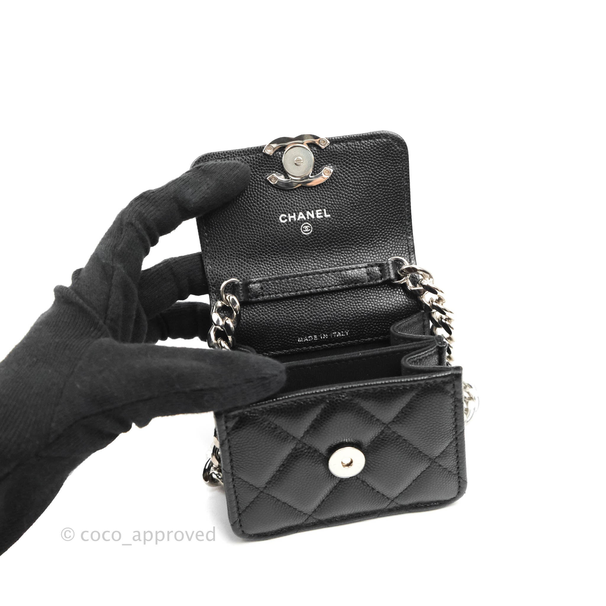 Chanel Mini Clutch With Chain Black Caviar Enamel Silver Hardware