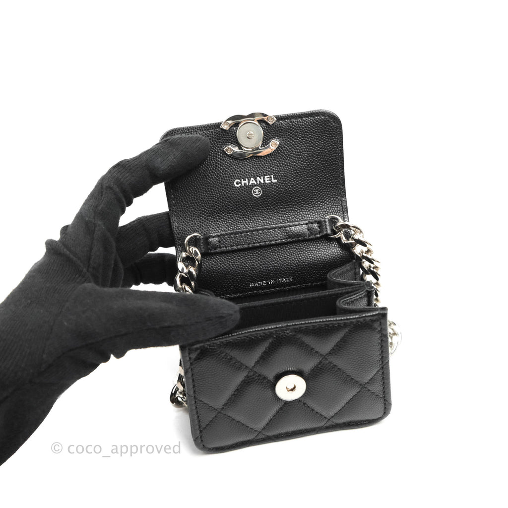 Chanel Mini Clutch With Chain Black Caviar Enamel Silver Hardware 22S